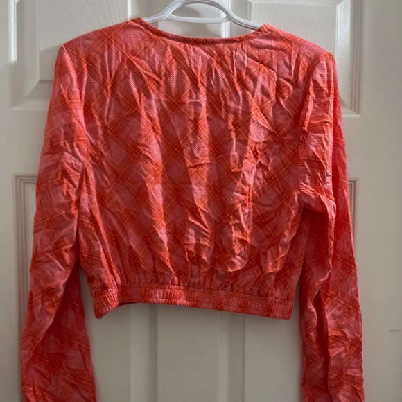 BP Surplice V-Neck Crop Top,  in Pink- Red Ian Bias Plaid - Picture 3 of 3